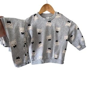 H&M Light Gray Cat Print Matching Outfit 2T